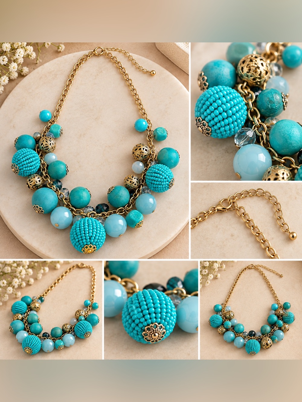 Turquoise Beaded Gold-Chain Statement Necklace - Women Jewelry